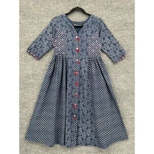 Avaasa Dress Womens XS Navy Mixed Print Linen Blend Fit Flare Tassel 1/2 Sleeve